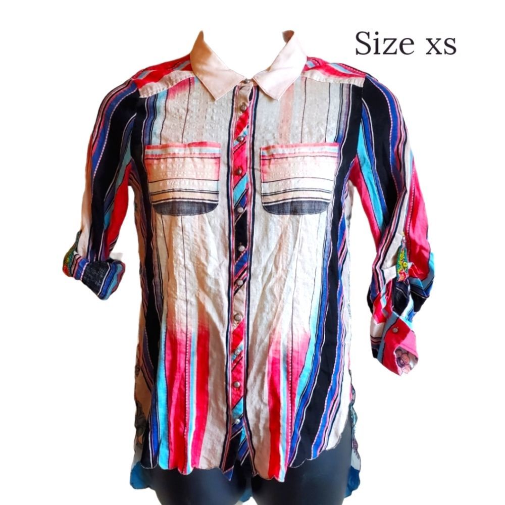 Aratta Silent Journey striped button up blouse, size xs, sequins, pink